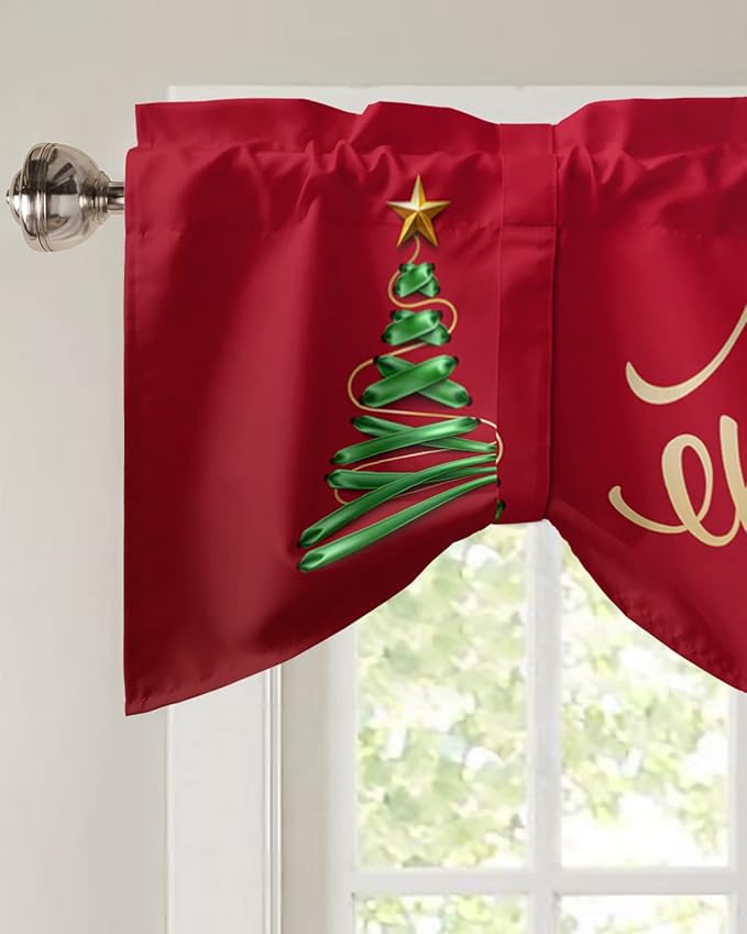 Merry Christmas Blackout Tie Up Valance Curtains for Kitchen Windows Christmas Tree Window Toppers Balloon Shades for Living Room/Bathroom/Bedroom,1 Panel,54" X 18" Winter Holidays