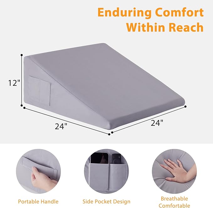 Bed Wedge Pillow for Sleeping, 12" Wedge Pillows for After Surgery, Soft Memory Foam Top, Triangle Pillow Wedge, Body Positioners for Leg Elevation, Acid Reflux, Gerd, Snoring Relief, Velvet