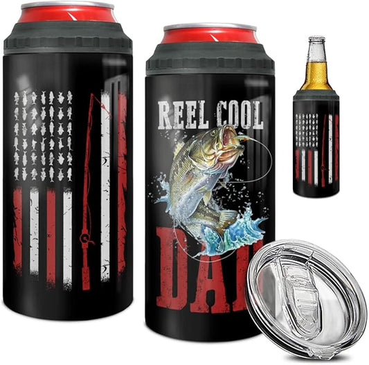 winorax Fishing Gifts For Men Reel Cool Dad Tumbler Can Cooler 4-in-1 America Flag Stainless Steel 16oz Travel Cup Father's Day Birthday Gifts for Dad Fisherman Husband from Son Daughter Wife