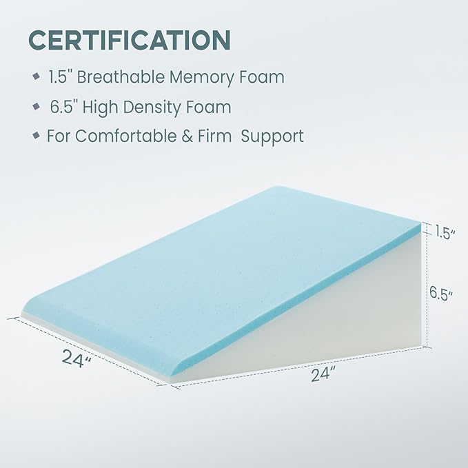 Bed Wedge Pillow, 8" 24" 24" Triangle Pillow Wedge, Cooling Memory Foam Top, Elevated Support Wedge Pillow for Relieving Acid Reflux, Heartburn, Snoring and GERD