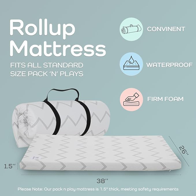 Waterproof Pack and Play Mattress Topper - 38" x 26" | Roll Up Style - Breathable Soft Memory Foam - Portable Playard Mattress Topper- Baby Foam Playpen Mattresses for Babies