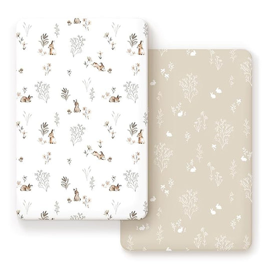 GRSSDER Stretch Ultra Soft Jersey Knit Fitted Pack n Play Sheets Set 2 Pack, Portable/Mini Crib Sheets for Boys and Girls, Stylish Watercolor Rabbit Pattern
