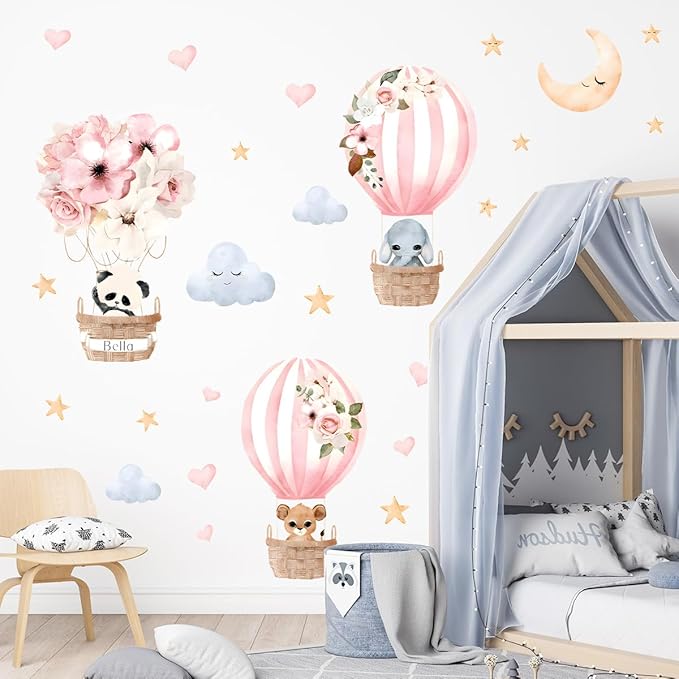 Cute Panda Elephant Hot Air Balloon Animals Wall Decals Star Moon Cloud Flower Balloon Nursery Wall Stickers Baby Girl Wall Decor