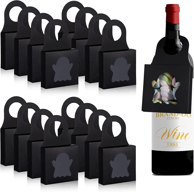 Megitzuu 30PCS Wine Bottle Box with Window, Kraft Paper Wine Boxes for Halloween Gifts Hanging Pumpkin Treat Box Mini Charcuterie Boxes Wine Bottles Gift Bags Goodies Candy Box Party Favor (Black)