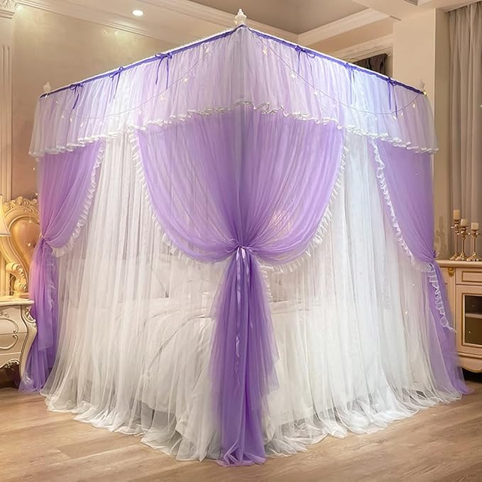Mengersi Canopy Bed Curtains with Lights,4 Corner Bed Canopy Royal Luxurious Bed Drapes Netting,Princess Bed Curtains for Girls Adults Bedroom Decoration (Purple, King)