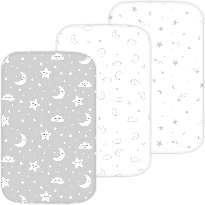 TansyPanda Bassinet Sheets for Angelbliss, Koolerthings, Koola Baby Bassinet Bedside Sleeper, 3 Pack, 33x20 inch, Ultra Soft, Breathable, Snug Fit, Unisex Boys Girls, Gray White (Moon, Stars, Clouds)