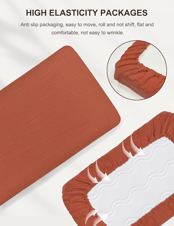 Rust Pack and Play Sheets, Muslin Cotton Small Pack n Play Mattress Pad Cover, 39"x27" Soft and Breathable Baby Sheets for Pack and Play (46P-04)