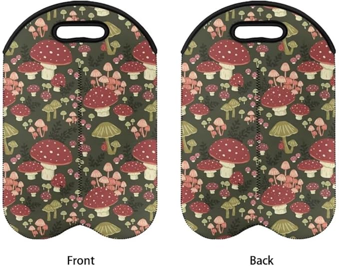 doginthehole Mushroom Neoprene Wine Tote Bags for 2 Wine Bottle, Portable Travel Carrying Case for Champagne/Water Bottle/Beer/Drinks Carriers Bag, 750 ML Wine Bottle Insulated Sleeve