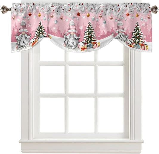 Christmas Gnome Blackout Tie Up Valance Curtains for Kitchen Windows Winter Merry Christmas Tree Balls Window Toppers Balloon Shades for Living Room/Bathroom/Bedroom,1 Panel, 42" X 12", Pink