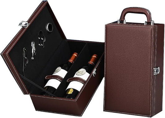 TANG SONG Leather Double Bottle Wine Gift Box with 4 Wine Accessories Wine Bottle Storage whit Locking Latch (Brown)