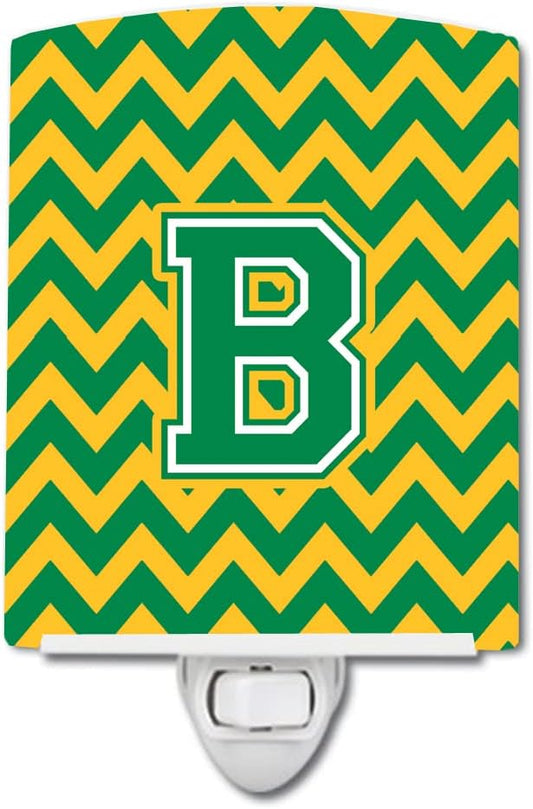 Caroline's Treasures CJ1059-BCNL Letter B Chevron Green and Gold Ceramic Night Light Compact, UL-Certified, Ideal for Bedroom, Bathroom, Nursery, Hallway, Kitchen, 6x4x3, Multicolor