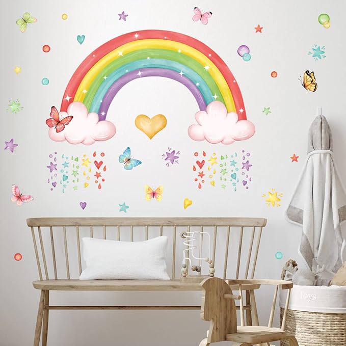 Rainbow Wall Decals Colourful Butterflies Cloud Wall Stickers Girls Bedroom Baby Nursery Playroom Wall Decor Gifts for Girls