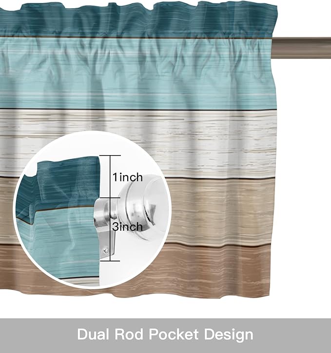Farmhouse Kitchen Curtains Valances for Windows ,Teal Blue Brown Beach Rod Pocket Country Window Treatment for Kitchen /Living Room/Bedroom/ Bathroom,60" X 18" -1 Panel, Retro Rustic Barn Wood Texture