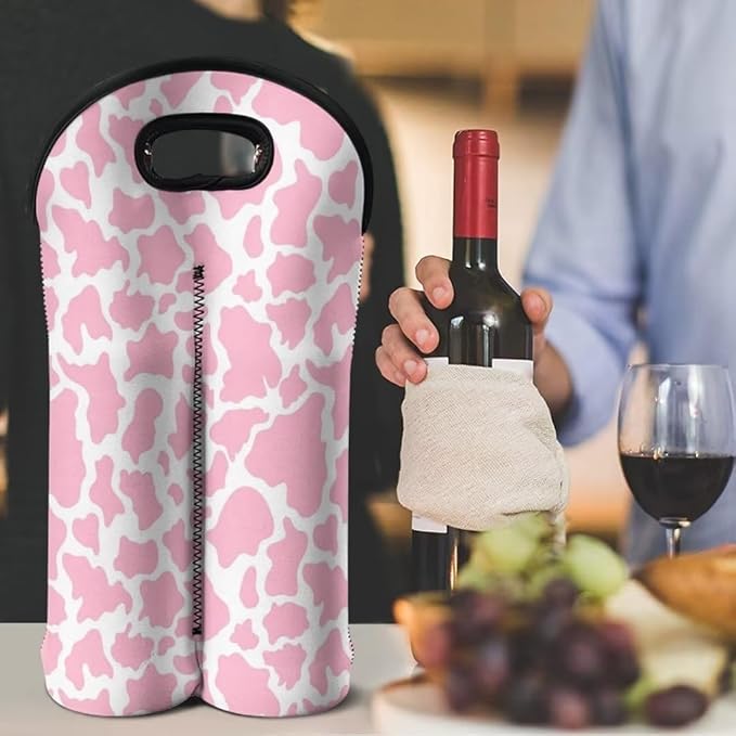 doginthehole Cow Print Insulated Wine Bag Water Bottle Carrier Portable Wine Cooler Bag Neoprene Protection Tote Bag Wine/Champagne/Water Bottle/Beer/Drinks Carrying Bag, Gift for Wine Lover Women