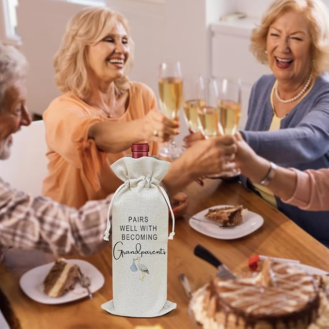 Pregnancy Announcement Wine Bag, New Grandparents Gift Funny Wine Gifts for Women Men, Party Favor Wine Champagne Gift Bag With Drawstring -05