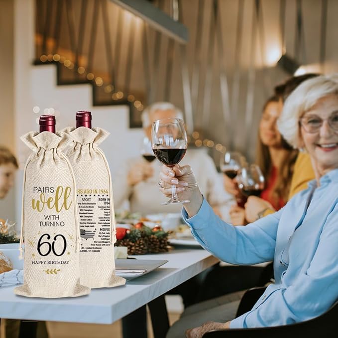 yaanunulu 60th Birthday Gifts for Women Men, 60 Years Old Birthday Wine Bag Gifts, 60th Birthday Decorations, 1964 Birthday Gift, Happy 60th Birthday Party Wine Bag Gifts, Pairs Well With Turning 60