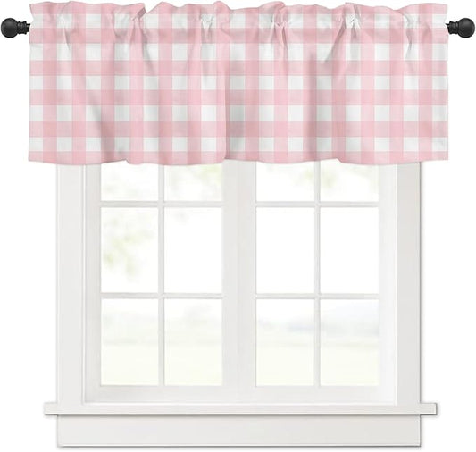 Christmas Valance Curtains for Kitchen Windows Rustic Pink White Buffalo Check Plaid Pattern Rod Pocket Window Treatment Toppers for Kitchen/Living Room/Bedroom/Bathroom, 60" X 18", Farmhouse