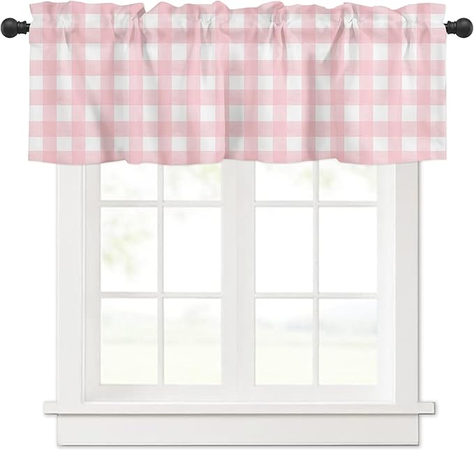 Christmas Valance Curtains for Kitchen Windows Rustic Pink White Buffalo Check Plaid Pattern Rod Pocket Window Treatment Toppers for Kitchen/Living Room/Bedroom/Bathroom, 42" X 12", Farmhouse