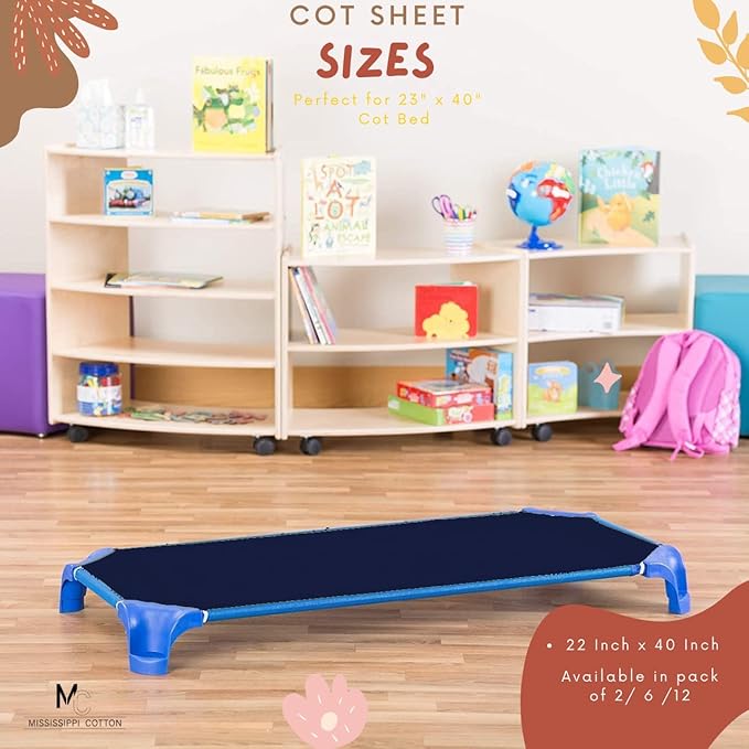 Pack of 12 Cot Sheet for Daycare Preschool Cot Bed -Polyblend Fabric with Corner Elastic Cots Sheets Fits On 22" X 52" Inches Size Toddler and Preschool Daycare Cot Navy Blue 22 X 52 Size