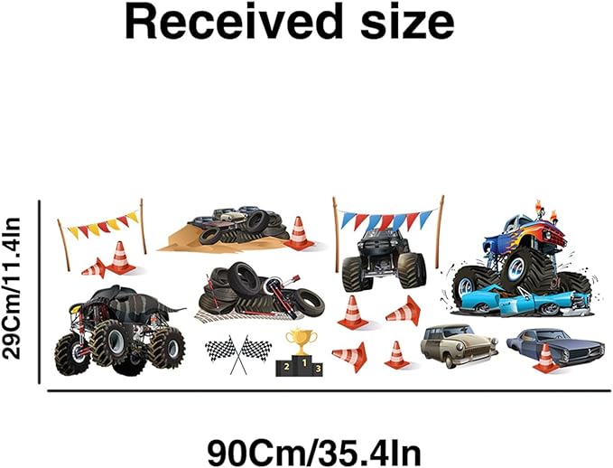Racing Car Wall Stickers Monster Truck Vehicles Peel and Stick Wall Art Decals for Boys Room Kids Bedroom Playroom (Style2)