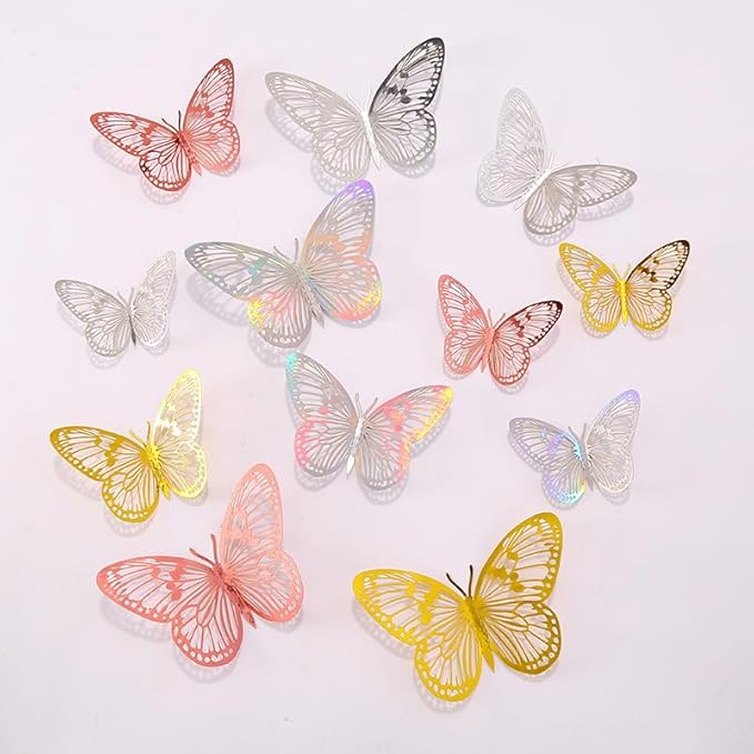 3D Butterfly Wall Decor 48 Pcs 4 Colors 3 Sizes,Gold Silver Laser Rose Butterfly Decorations for Butterfly Birthday Decorations Butterfly Party Decorations Cake Decorations,Removable Sticker (Style-G)