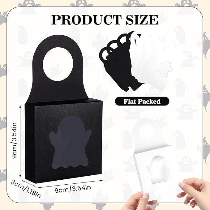 Megitzuu 30PCS Wine Bottle Box with Window, Kraft Paper Wine Boxes for Halloween Gifts Hanging Pumpkin Treat Box Mini Charcuterie Boxes Wine Bottles Gift Bags Goodies Candy Box Party Favor (Ghost)