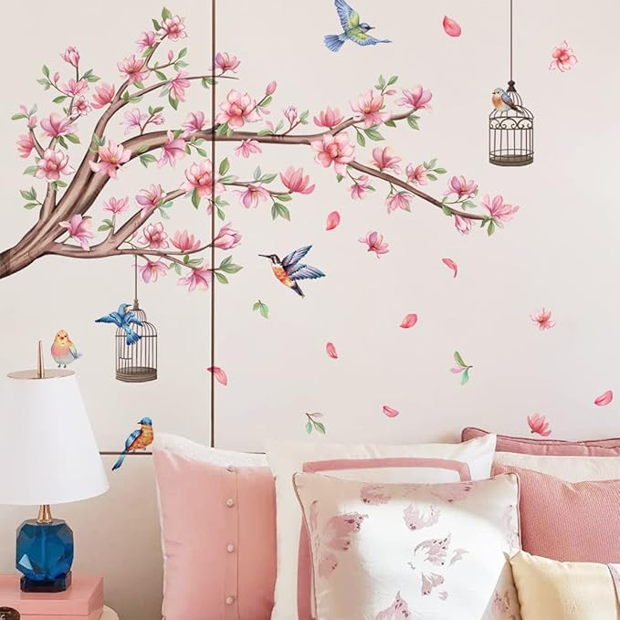 Pink Flowers Wall Stickers Cherry Blossom Tree Branch Wall Decals Colorful Flying Birds Birdcage Wall Sticker for Girls Room Bedroom Living Room TV Background Nursery Decor