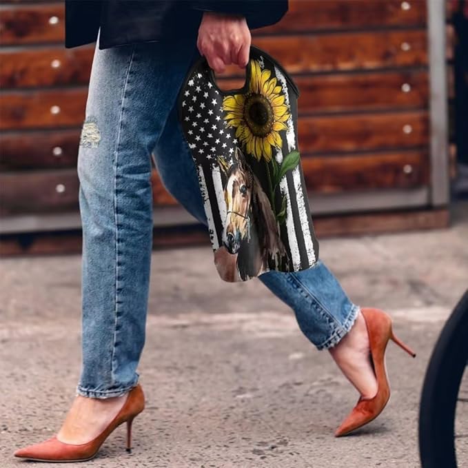 doginthehole Horse Wine Bag Double Wine Carry Bag Reusable Neoprene Wine Tote Insulated Bag American Flag Sunflower Print Wine Accessories Gift for Women Champagne Carrier Bag