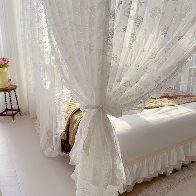 Elegant Princess 4 Corner Post Mosquito Net Romantic for Girls Women Bed Curtain Canopy for Adult Wedding Bedroom Kids Rooms Decoration (Type2-Beige-White, King)