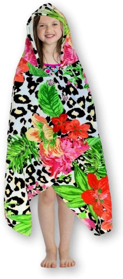 Kids Hooded Beach Towel Swimsuit Cover-up Wrap with Buttons (Red and Pink Floral Leopard, One Size)