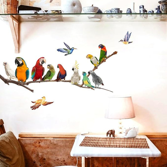 Parrot Wall Decals, Watercolor Bird On Wire Wall Decals, Removable Creative Bird Wall Stickers Birds on The Tree Branch Flower Decals Garden Living Room Bedroom TV Wall Decorations