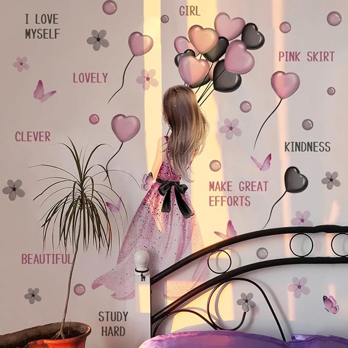 Girly Wall Decals - Pink Dress & Balloons Design, 90cm x 35.43cm, Perfect for Kids' Room