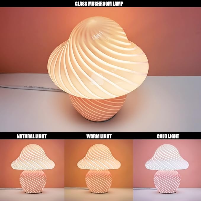 Mushroom Lamp, Small Pink Table Lamp with Striped Glass, Cute Little Swirl Nightstand Lamp for Bedroom, Bedside, Living Room, Gift for Girls Women Birthday Christmas Thanksgiving Day