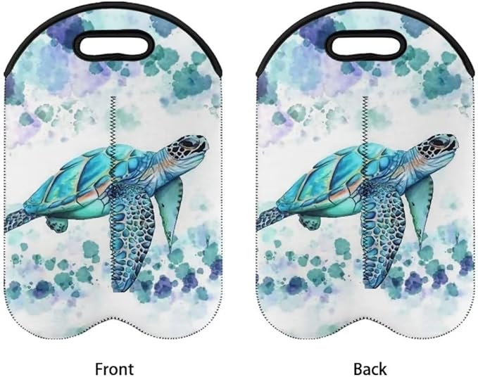 doginthehole Sea Turtle Wine Carrier Tote Bag 2 Bottle Insulated Neoprene Wine/Water Bottle Holder for Travel with Handle, Aqua Animal Print Wine Bags Bottle Protective Carriers Beer Bottle Sleeve