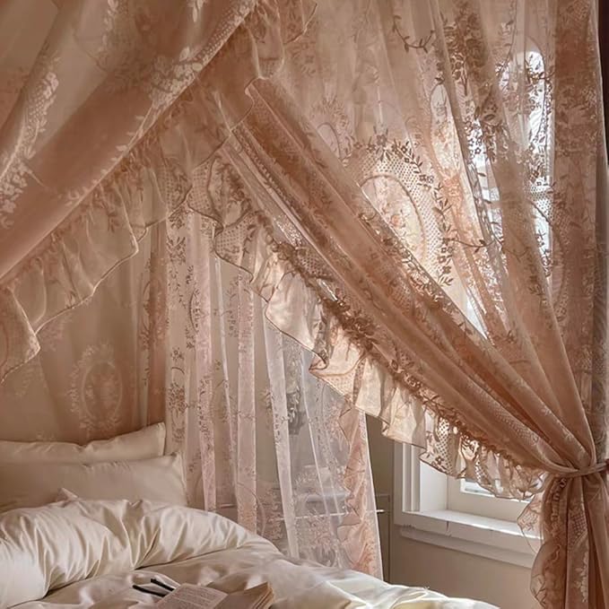 Elegant Lace Princess 4 Corner Post Mosquito Net Romantic for Girls Women Bed Curtain Canopy for Adult Wedding Bedroom Kids Rooms Decoration (Color-B, Queen)