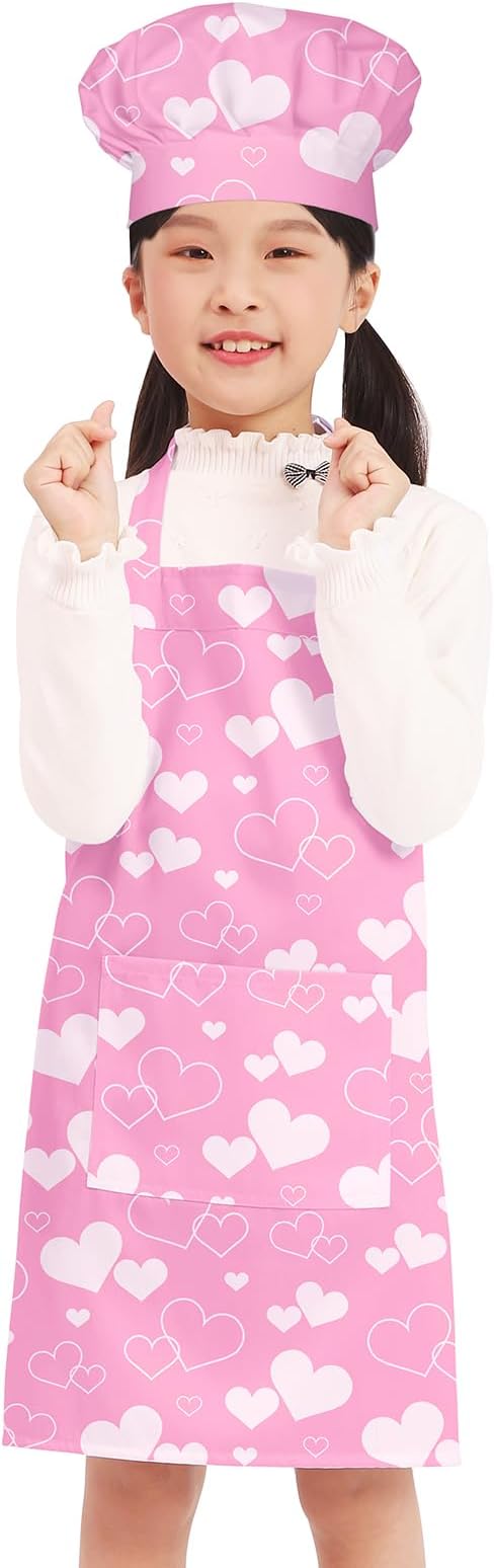 Kids Apron Chef Hat Set for Boys and Girls Adjustable Neck Strap Hook and Loop Fastener Design Waistband for Baking