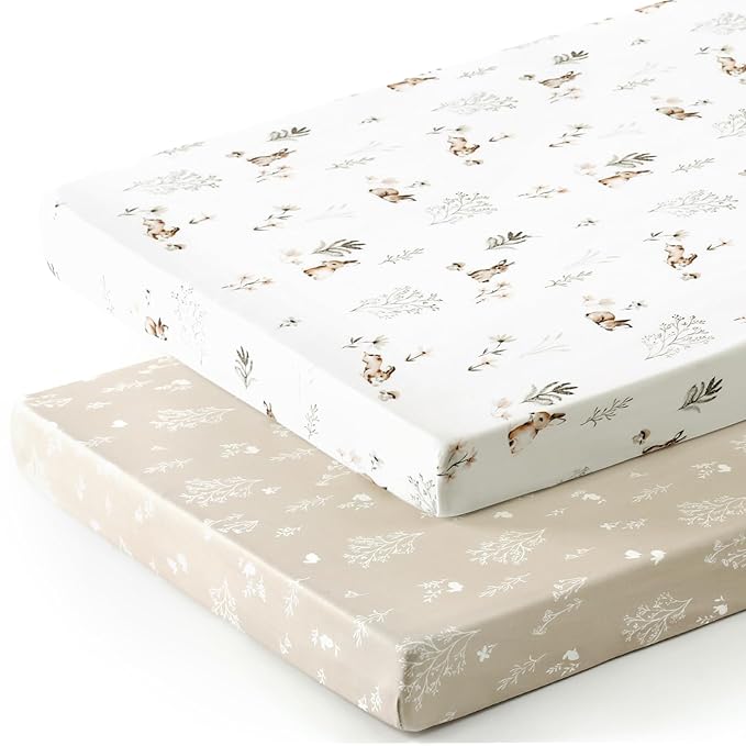GRSSDER Stretch Ultra Soft Jersey Knit Fitted Pack n Play Sheets Set 2 Pack, Portable/Mini Crib Sheets for Boys and Girls, Stylish Watercolor Rabbit Pattern