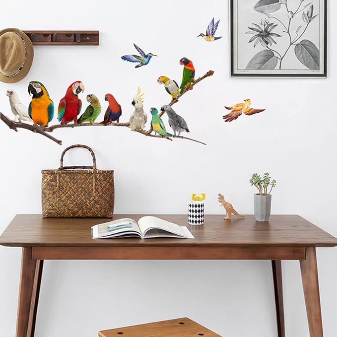 Parrot Wall Decals, Watercolor Bird On Wire Wall Decals, Removable Creative Bird Wall Stickers Birds on The Tree Branch Flower Decals Garden Living Room Bedroom TV Wall Decorations
