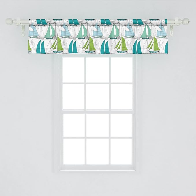 Ambesonne Nautical Window Valance, Sailing Boats on The Ocean Surfing Coastal Theme Marine Life Colorful Maritime, Curtain Valance for Kitchen Bedroom Decor with Rod Pocket, 54" X 12", Teal Green