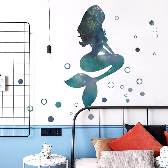 Mermaid Wall Stickers - Enchanting Blue & Green Design, 70cm x 27.5in, with 90 Bubbles