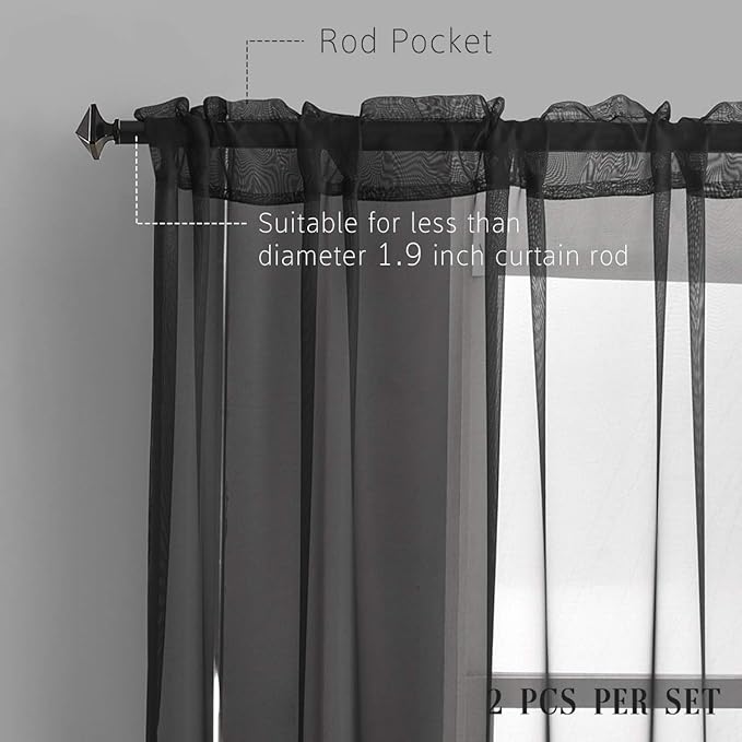 Halloween Decorations Sheer Curtains 108 Inches Long 2 Panels Black Sheer Voile Curtains Window Treatment 108 Inches long Panels Rod Pocket Black Sheers for Bedroom Living Room 2 Panels 52x108