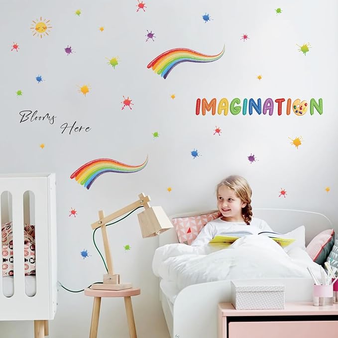 LHIUEM Colorful Imagination Kids Wall Stickers Blooms Here 46 PCS Splatter Splotches Wall Decals for Classroom Rainbow Contact Paper Watercolor Sun Star Wallpaper for Boys Girls Playroom Bedroom Nursery