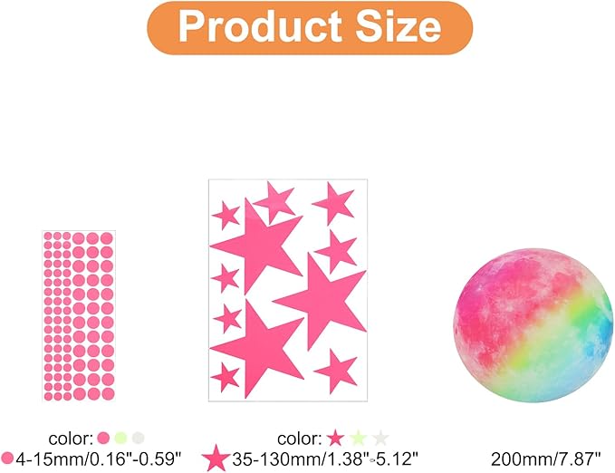 uxcell Glow in The Dark Ceiling Stickers, Colorful Dots and Stars Wall Decals, Glowing Star Decal Decoration for Ceiling and Wall, 200mm Moon