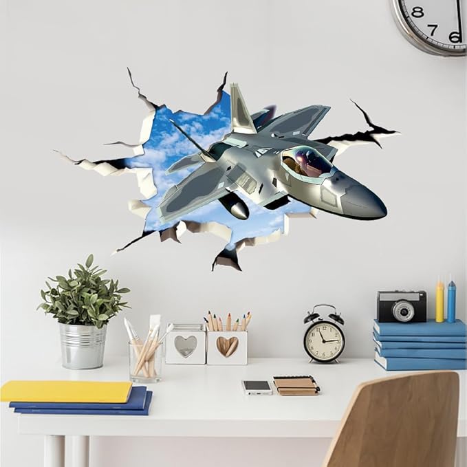 SUPERDANT 3D Break Sky Wall Sticker Fighter Jet Plane 3D Wall Decals Airplane Peel and Stick Vinyl Watercolor Art Decor for Boys Kids Room Living Room Nursery Bedroom Playroom Wall Decor