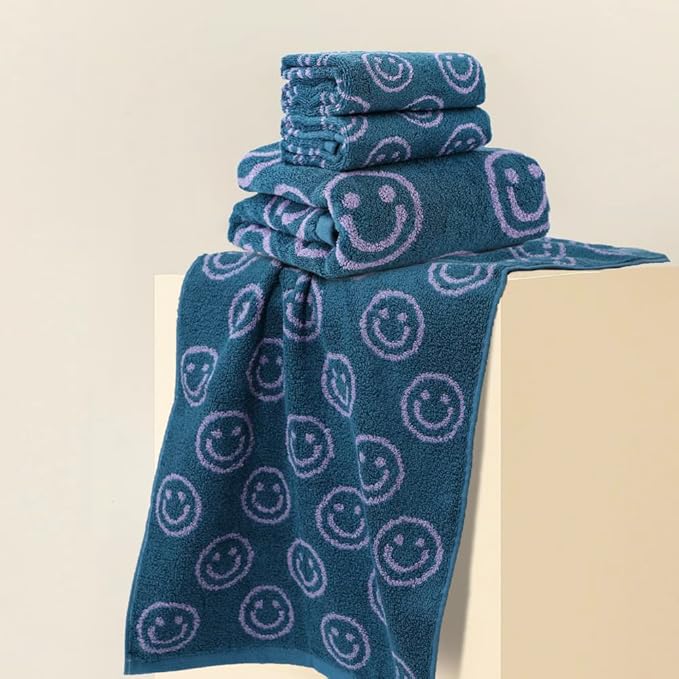 Luxury Cute Smiling Face Purple Green Bath Towel Sets for Bathroom, 1 Bath Towels 2 Hand Towels Washcloths 100% Cotton Ultra Soft Highly Absorbent for Women Kids Girl Boy Face Body