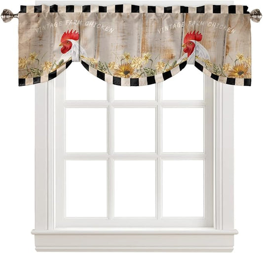Farmhouse Blackout Tie Up Valance Curtains for Kitchen Windows Sunflower Vintage Farm Chicken Window Toppers Balloon Shades for Living Room/Bathroom/Bedroom,1 Panel,54" X 18" Black White Plaid