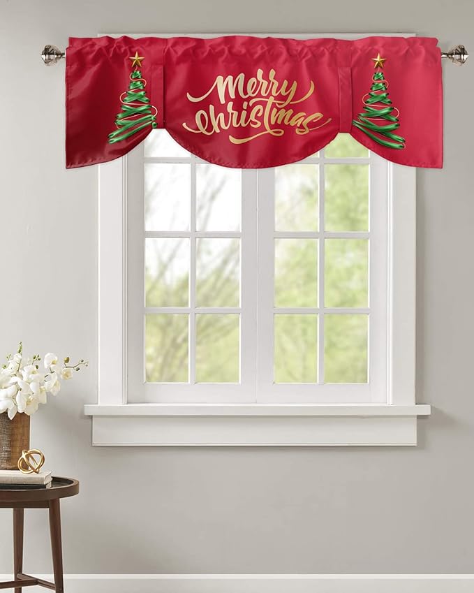Merry Christmas Blackout Tie Up Valance Curtains for Kitchen Windows Christmas Tree Window Toppers Balloon Shades for Living Room/Bathroom/Bedroom,1 Panel,42" X 12" Winter Holidays