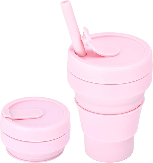 HYDRATE Collapsible Cups for Traveling - 400ml Reusable Cup with Lid for Camping, and On-the-Go Adventures - Foldable Cup - Portable Silicone Coffee Mug for Hot Drinks, Tea - Easy to Clean - Pink