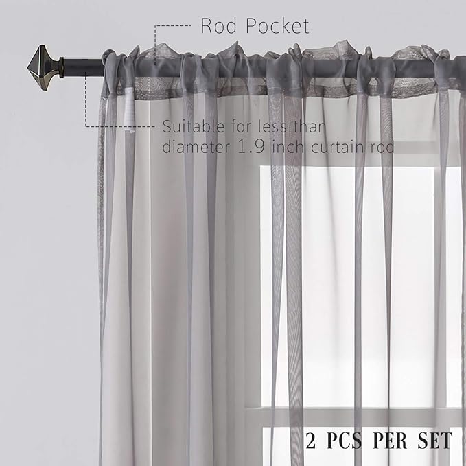 Gray Sheer Voile Curtains Short Translucent Solid Color Window Treatment 45 Inch Length Panels Rod Pocket Grey Sheers 45 Inches Long for Small Window Bedroom Living Room kitchen 2 Panels 52x45