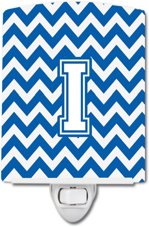 Caroline's Treasures CJ1045-ICNL Letter I Chevron Blue and White Ceramic Night Light Compact, UL-Certified, Ideal for Bedroom, Bathroom, Nursery, Hallway, Kitchen, 6x4x3, Multicolor
